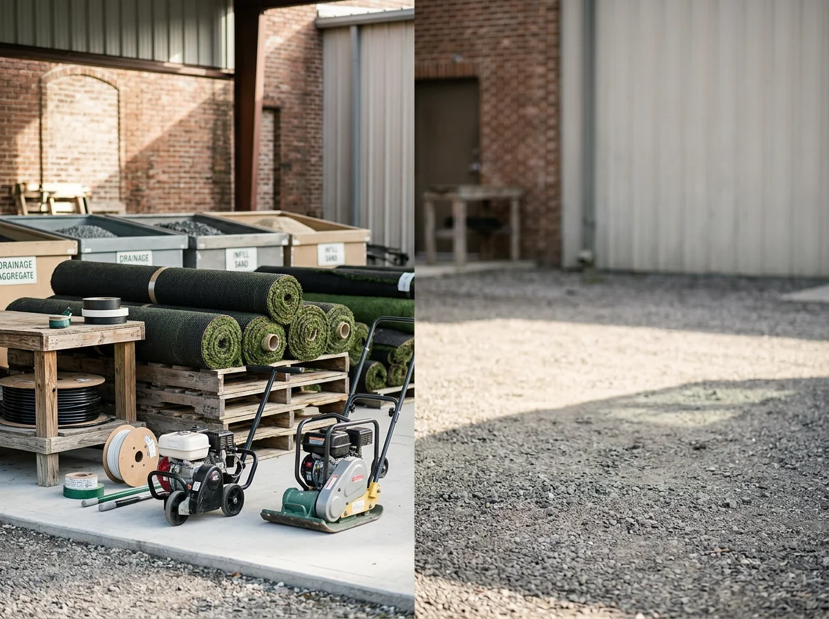 Professional synthetic turf installation equipment and materials ready for residential projects.