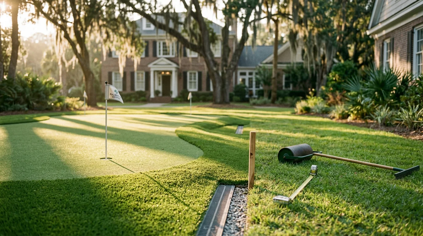 Residential synthetic golf putting green installed in a Charleston backyard