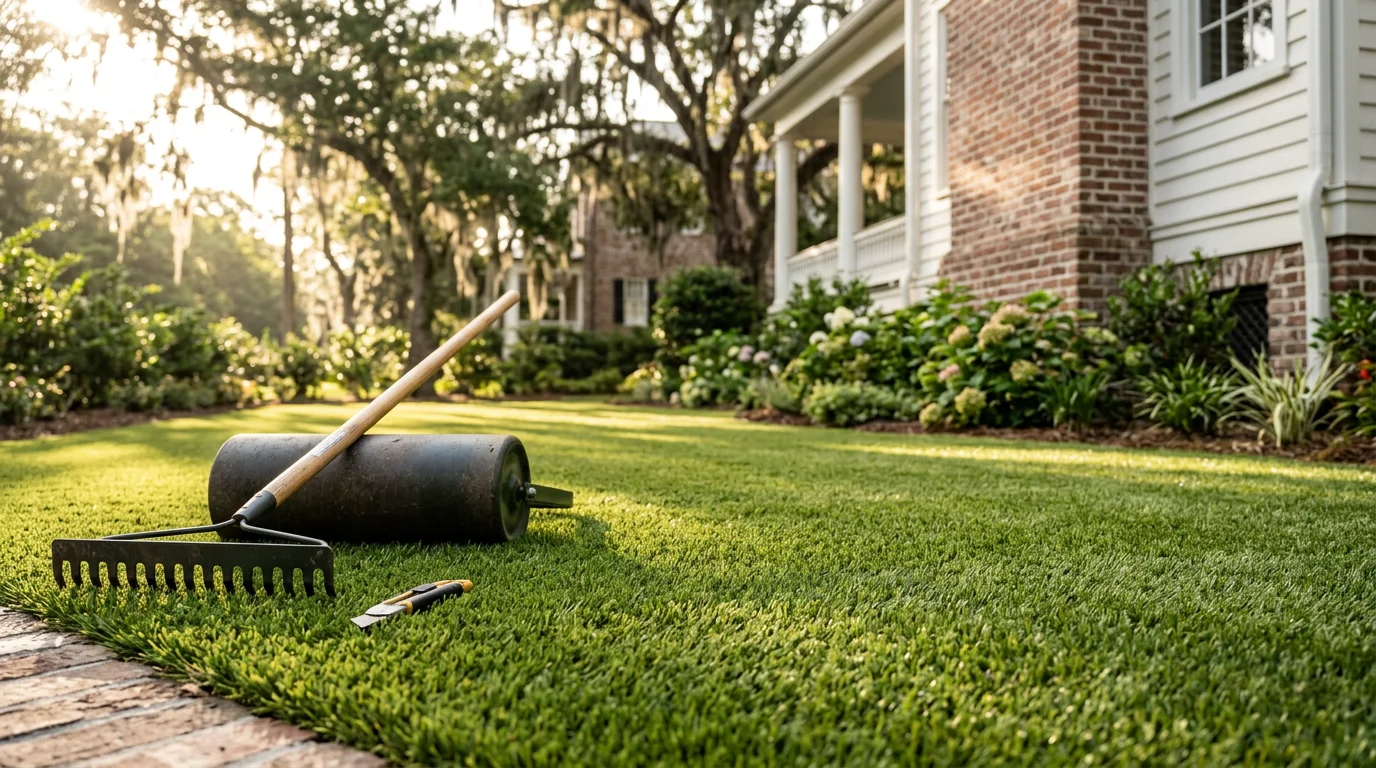 Installed synthetic residential lawn in a Charleston home yard