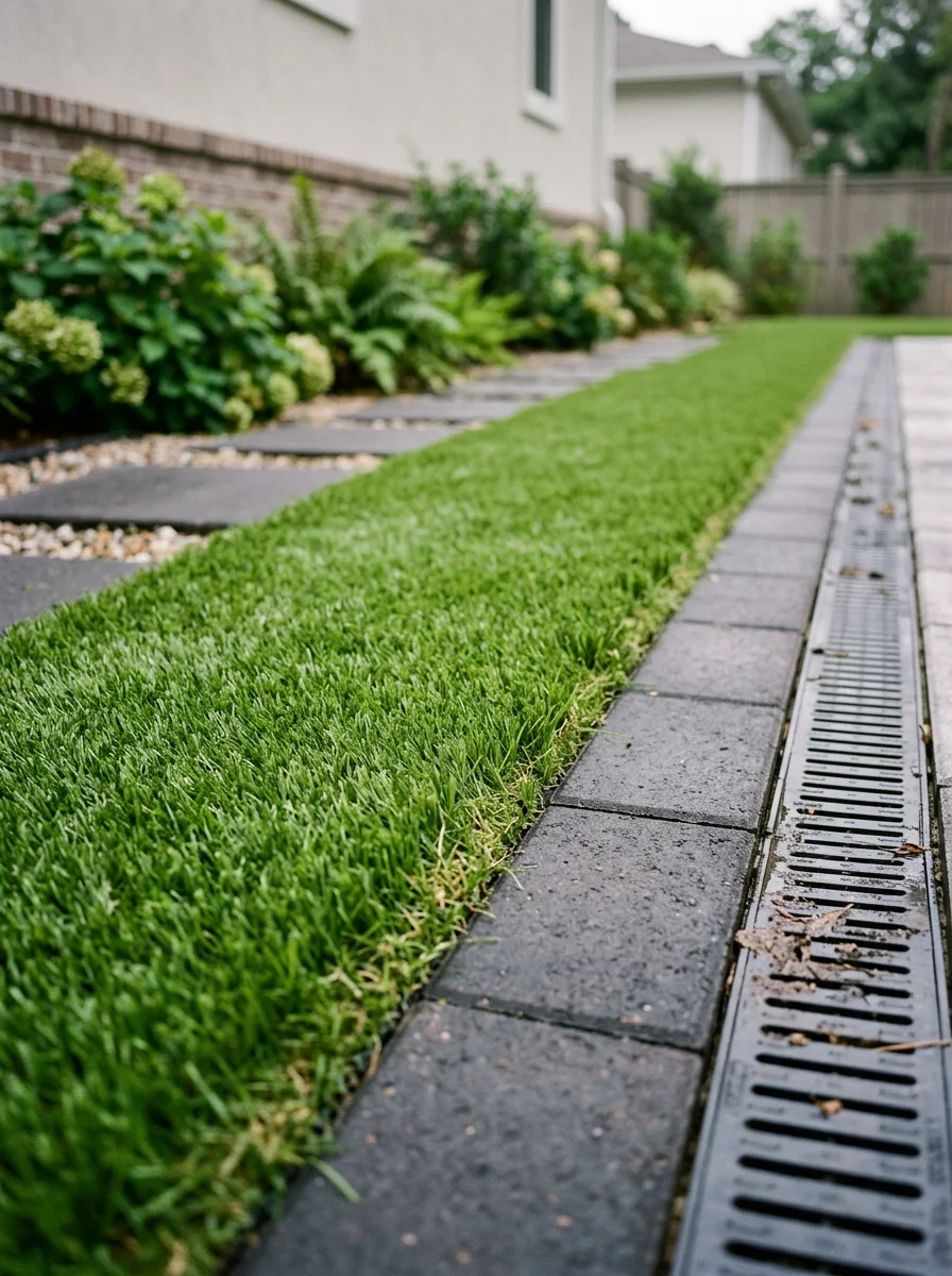 Close-up portrait view of synthetic turf lawn system in a West Ashley residential yard, showing clean turf edge against a paver border with drainage channel visible at the perimeter.