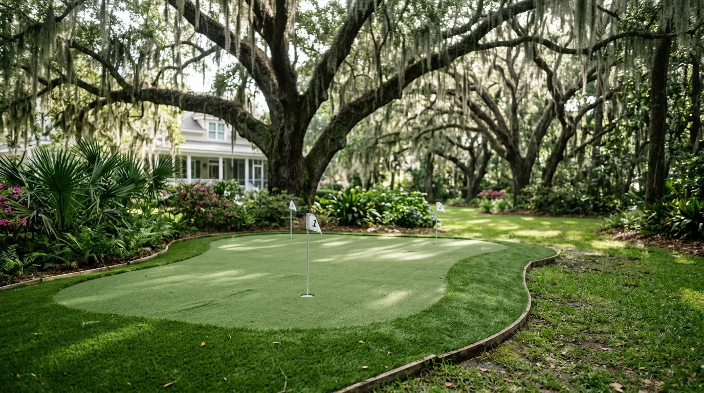 Synthetic putting green installed in a Charleston backyard with a low-lying lot, showing contoured turf surface with two cups and a fringe border, surrounded by mature live oak trees.