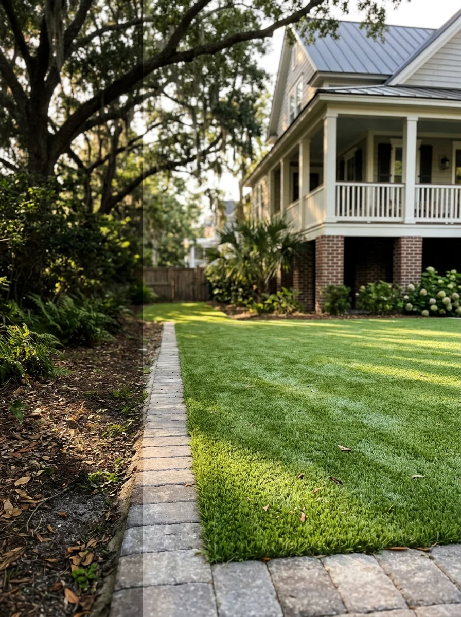 Portrait view of a synthetic turf lawn system on a Daniel Island lot with a paver border, showing clean turf surface adjacent to an elevated Lowcountry-style home foundation.