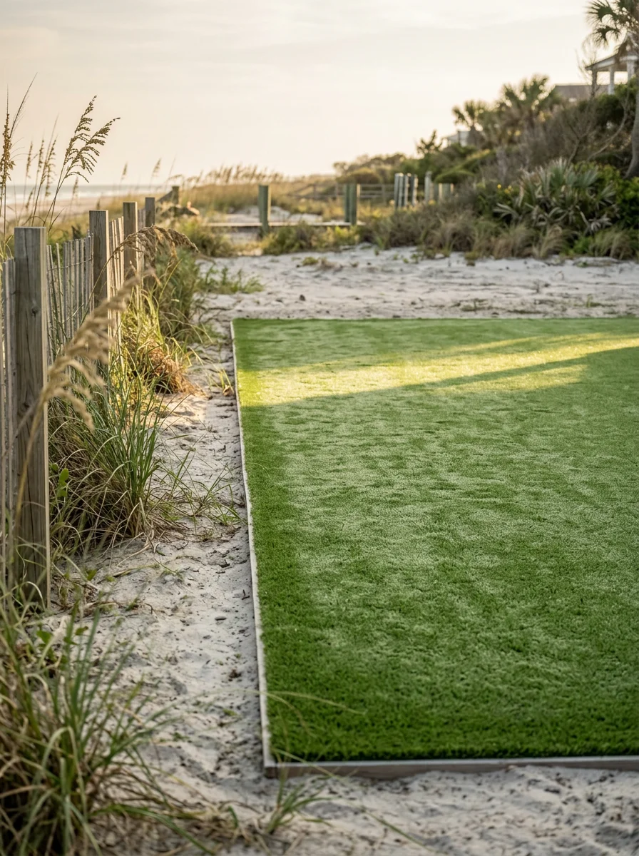 Portrait view of a synthetic turf dog area on an Isle of Palms lot, showing durable turf surface with a clean edge border and sandy coastal soil visible at the perimeter.