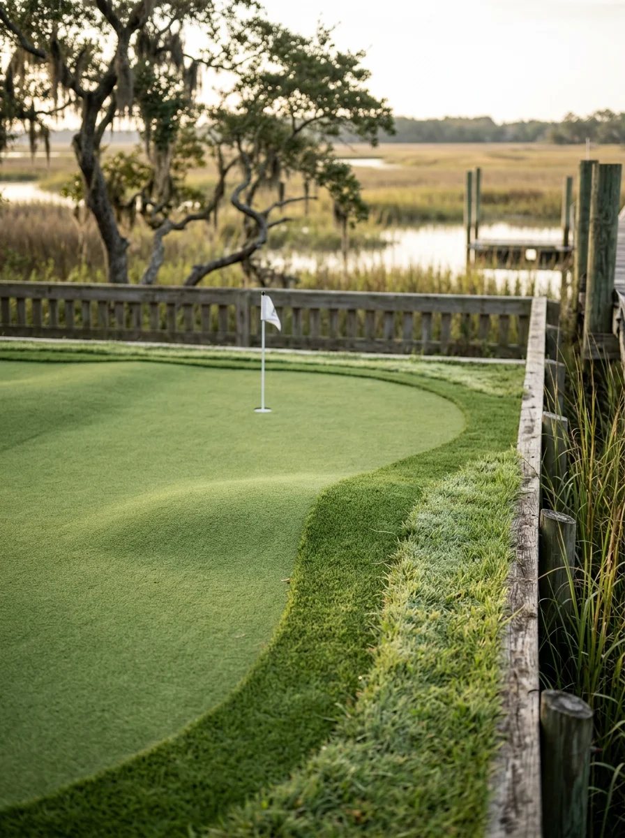 Portrait view of a residential putting green on a James Island lot near a tidal creek, showing contoured synthetic turf with a cup flag and a fringe border against a marsh backdrop.