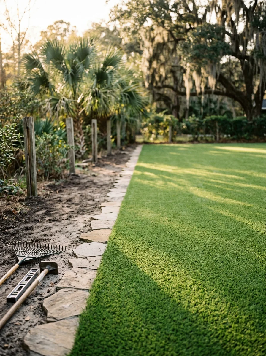 Portrait view of a synthetic turf lawn system in a Johns Island subdivision backyard, showing clean turf surface on a large open lot with a paver border and sandy soil visible at the edge.