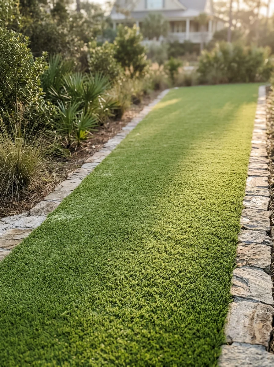 Portrait view of a synthetic turf lawn system on a Kiawah Island lot, showing clean turf surface with a paver border and salt-air-resistant fiber texture visible in close detail.