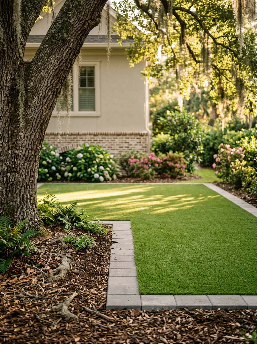 Portrait view of a synthetic turf dog area in a Park West Mount Pleasant yard, showing clean turf surface with paver border and a shaded corner under a mature oak canopy.