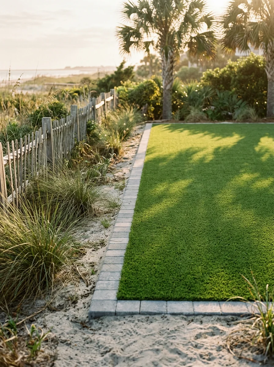 Portrait view of a synthetic turf lawn system on a Sullivan's Island lot, showing UV-stabilized turf surface with a clean paver border and sandy coastal soil at the perimeter edge.