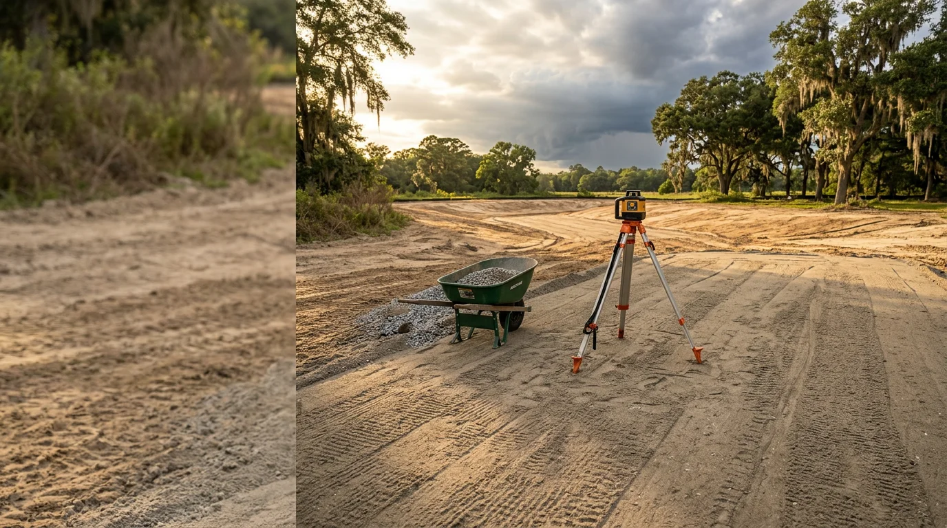 Graded and prepared dog park site in Charleston, SC with a compacted base layer ready for surface installation. Flat, level ground with visible drainage slope away from the fenced pet play area.