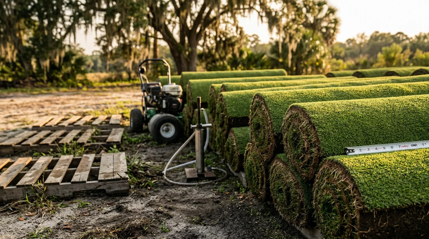 Roll of golf putting green turf laid out in a Charleston, SC backyard, showing the short-pile surface and clean edges ready for installation. A compact multi-hole putting layout takes shape on a residential property in the Lowcountry.