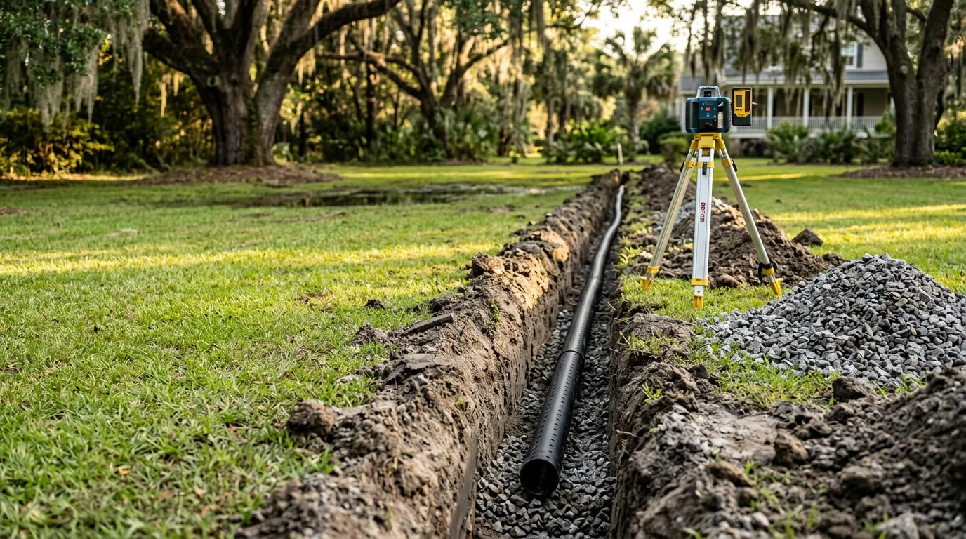 A Charleston, SC residential backyard with a newly installed subsurface lawn drainage system, showing graded soil and clean turf surface on a flat Lowcountry lot. The surrounding landscape remains intact with no standing water visible after installation.