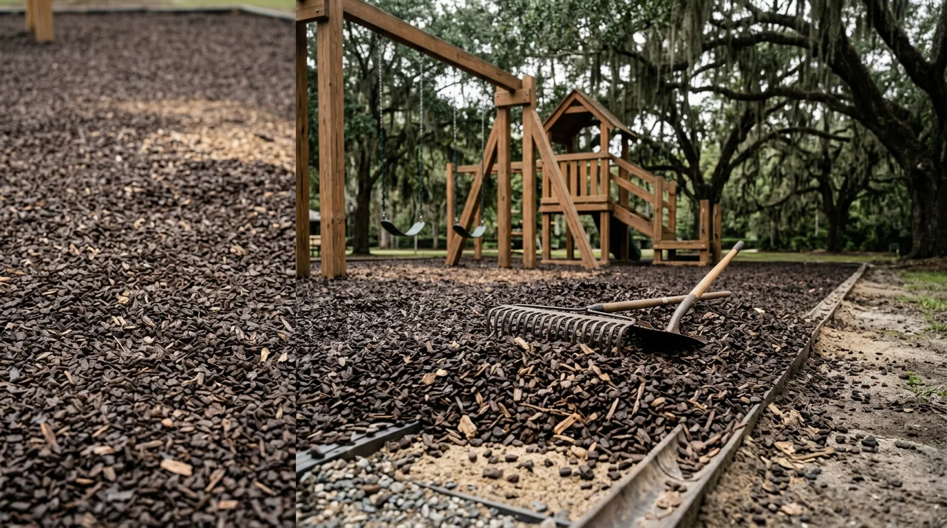 Freshly installed playground safety surface surrounding a residential play set in Charleston, SC, with a smooth, even finish across the fall zone. The Lowcountry backyard setting shows green landscaping around the bordered play area.