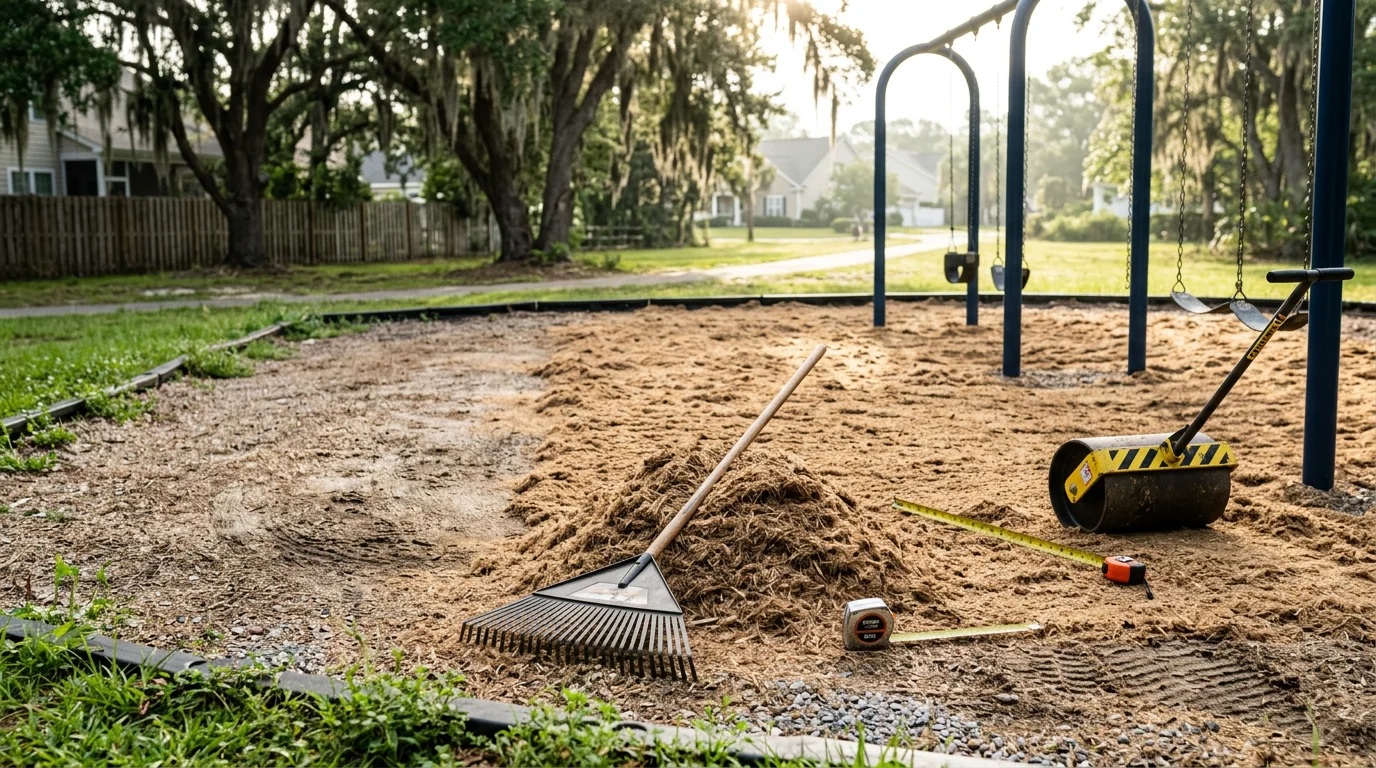 A repaired playground safety surface in Charleston, SC showing a smooth, even play area with no cracking or uneven spots near a swing set. The surrounding landscape reflects the coastal lowcountry setting common across the Charleston area.