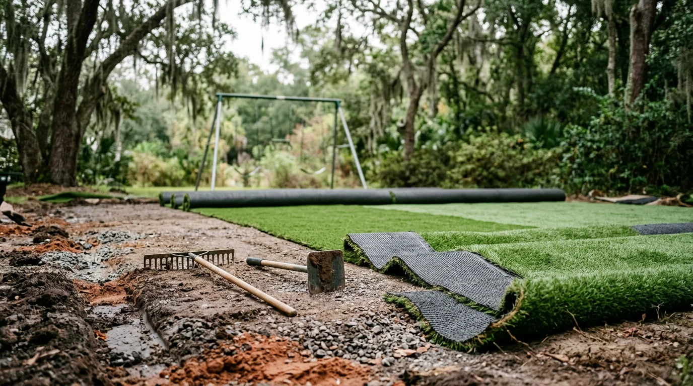 Bright green playground turf installed beneath a residential swing set in a Charleston, SC backyard. The surface is smooth and even, with no bare patches or mud visible around the play equipment.