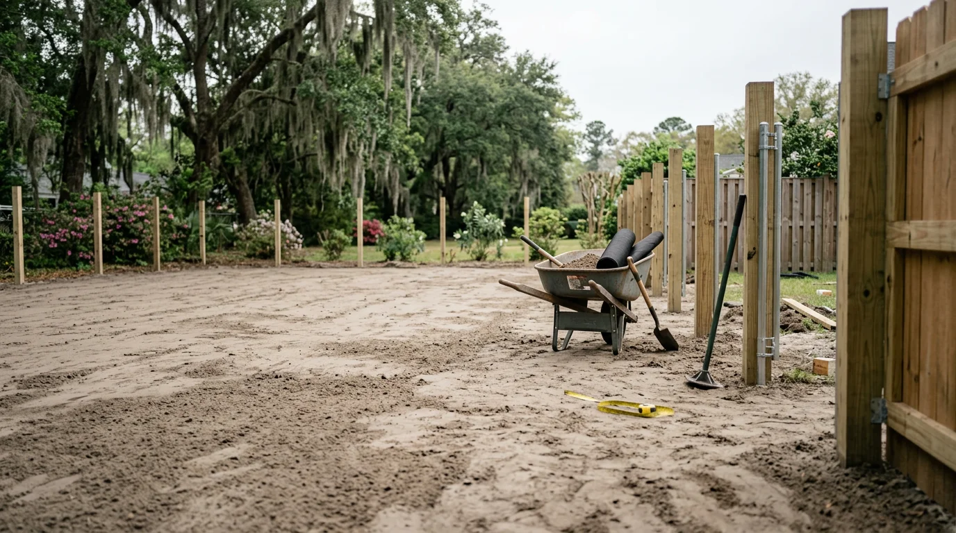 A residential backyard dog park installation in Charleston, SC, featuring a clean turf surface enclosed within a fenced yard on a sunny coastal property. A dog runs freely across the level surface with no mud or bare patches visible.