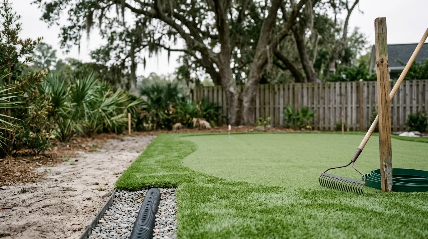 A custom residential synthetic golf putting green installed in a Charleston, SC backyard, featuring shaped contours, multiple cup locations, and a clean fringe edge bordered by a landscaped yard.