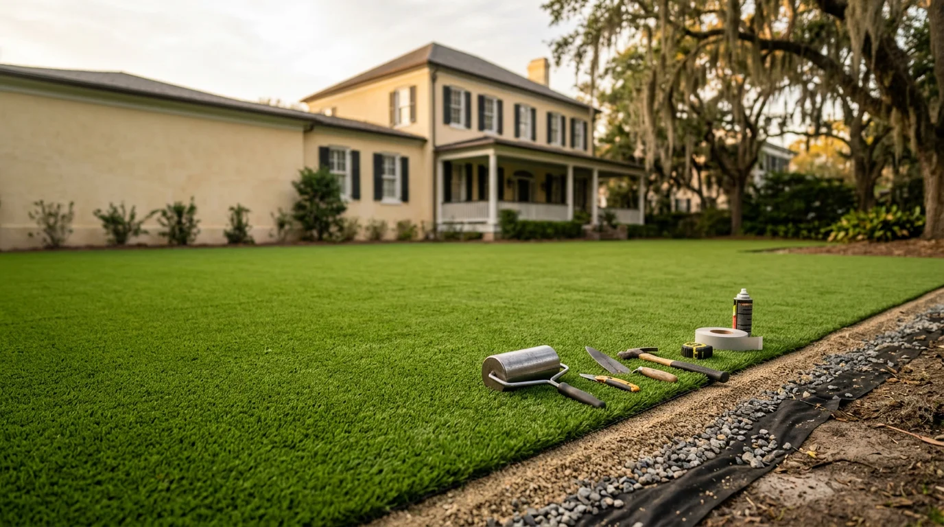 A freshly installed residential synthetic lawn in a Charleston, SC backyard, showing an even green surface with clean edges along a wooden fence. The yard includes a small putting area near the rear of the property, with mature coastal trees providing partial shade.