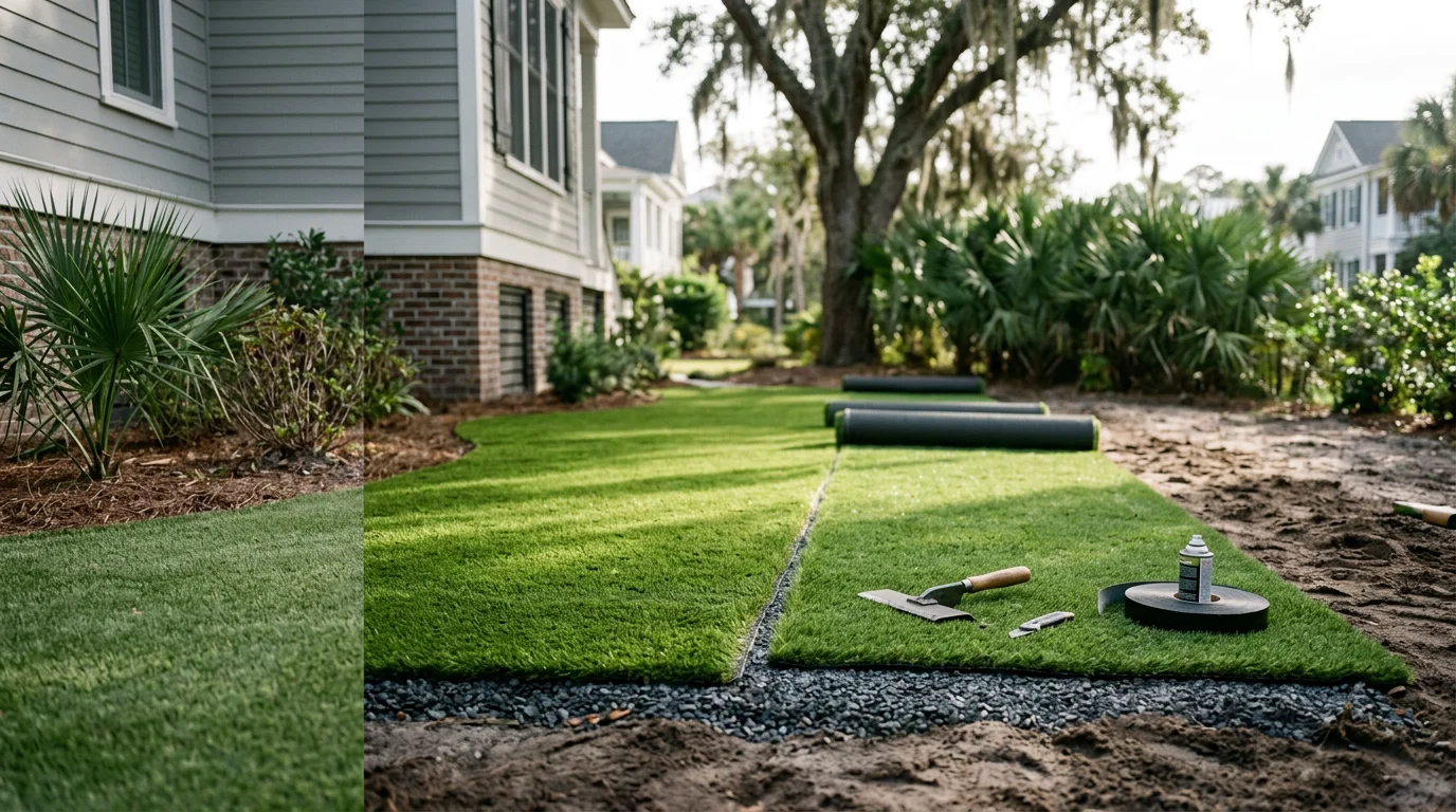Freshly installed residential synthetic lawn turf covering a backyard in Charleston, SC, with a clean green surface bordered by a wood fence. The yard shows no bare patches or mud, with coastal vegetation visible in the background.