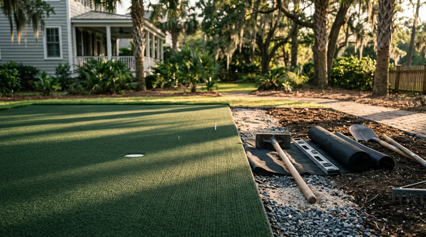 A synthetic golf driving range tee installed in a residential backyard in Charleston, SC, showing a level hitting surface with a clean turf edge and a natural grass surround. A golf bag and driver rest beside the tee area on a sunny Lowcountry afternoon.
