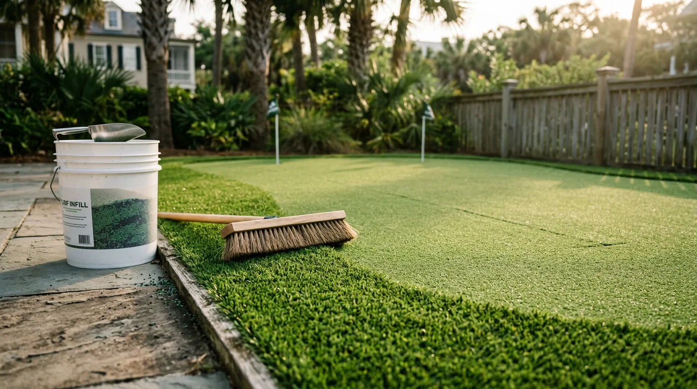 A well-maintained backyard synthetic golf putting green with upright turf fibers and a clean cup sleeve, set in a residential yard in Charleston, SC. The surface shows no matting or seam separation, reflecting a recently serviced condition.