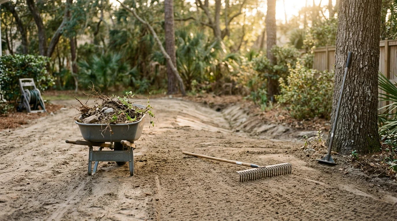 A Charleston SC backyard with excavated and graded soil being compacted in preparation for synthetic lawn installation. The cleared, level ground shows the base layer ready for turf on a Lowcountry residential property.