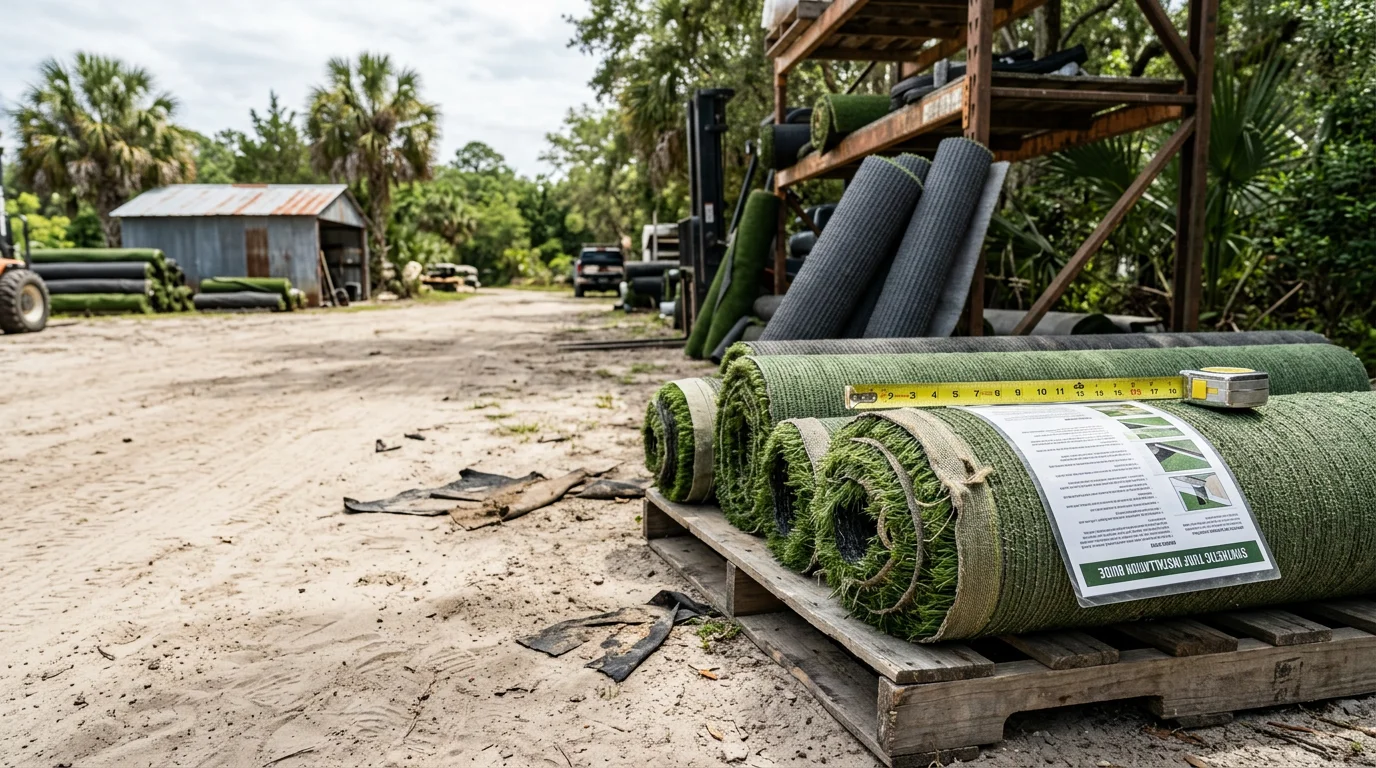 Rolls of synthetic turf material laid out for selection at a supply location in Charleston, SC. Green turf panels show dense fiber construction suited for Lowcountry outdoor spaces.