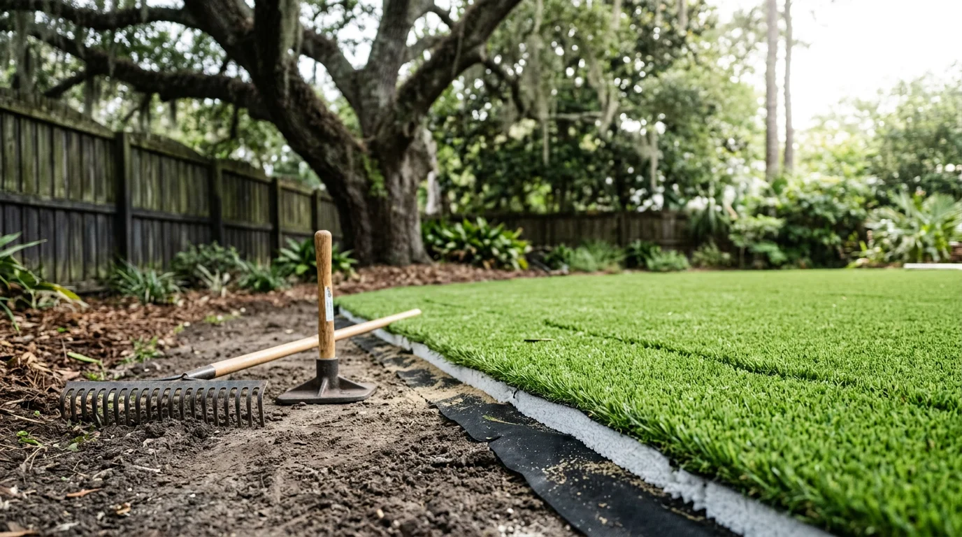 Synthetic turf playground surface installed in a Charleston, SC backyard around a residential play structure. The turf is green and even, with a padded underlayer visible at the trimmed edge near the swing set posts.