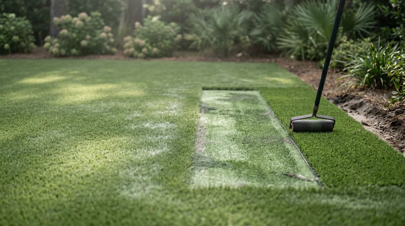 A repaired synthetic turf surface in a Charleston, SC backyard showing a clean, flush patch blending seamlessly with the surrounding green turf. The lawn edges are tight and the fiber height is even across the repaired section.