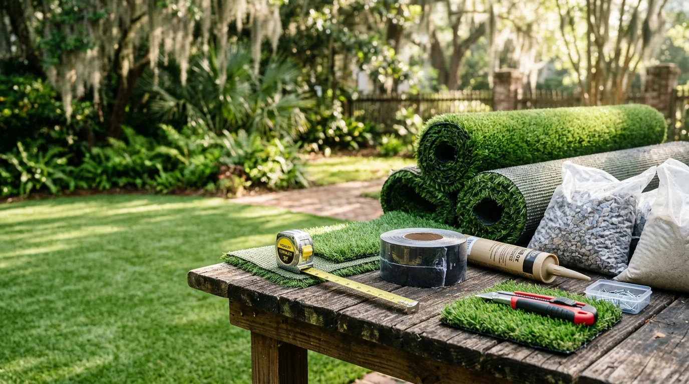 Rolls of synthetic turf material laid out for selection at a Charleston, SC, property, showing the texture and pile of putting green and lawn turf options side by side.